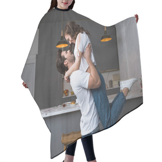 Personality  Handsome Man Holding In Arms Attractive Girlfriend In Modern Kitchen  Hair Cutting Cape