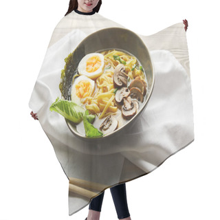 Personality  Traditional Asian Ramen In Bowl Near Chopsticks On Napkin On Wooden Table Hair Cutting Cape
