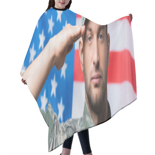 Personality  Patriotic Military Man In Uniform And Cap Giving Salute Near American Flag On Blurred Background, Banner Hair Cutting Cape