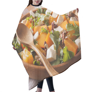 Personality  Fresh Salad With Persimmons, Walnuts, Arugula, Cheese Close-up. Hair Cutting Cape
