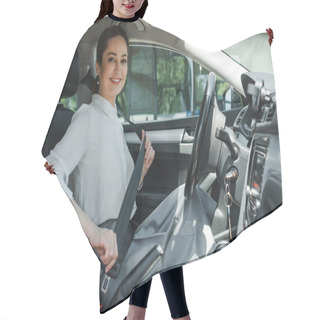 Personality  Beautiful Businesswoman Smiling At Camera While Holding Seat Belt In Auto  Hair Cutting Cape