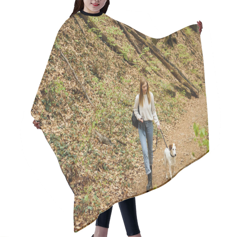 Personality  Young Woman Walking Her Pet Dog Holding Leash At Hiking Rest With Mountain And Forest View Hair Cutting Cape