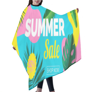 Personality  Summer Sale Banner Design With Tropical Leaves On Geometric Colorful Abstract Shapes Background Hair Cutting Cape