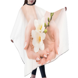 Personality  Cropped View Of Hands Holding Freesia, Isolated On White Hair Cutting Cape