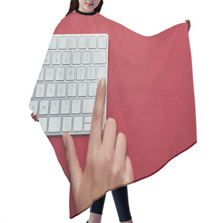 Personality  Cropped View Of Woman Pushing Button On Computer Keyboard On Red Background  Hair Cutting Cape