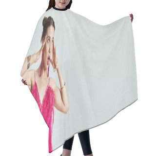 Personality  Surprised Woman In Trendy Pink Outfit Gasps, Touching Her Face, Standing On Grey Background, Banner Hair Cutting Cape