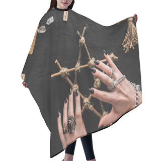 Personality  Cropped View Of Witch Touching Pentagram Near Runes, Book, Crystals, Skull And Voodoo Doll On Black  Hair Cutting Cape