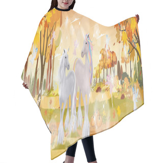 Personality  Fantasy Cute Cartoon Of Little Fairies Flying  With Two Unicorn In Magic Autumn Forest, Vector Landscape Of Autumn Wonderland.Fall Season With Beautiful Panoramic View With Mid Autumn Natural Hair Cutting Cape