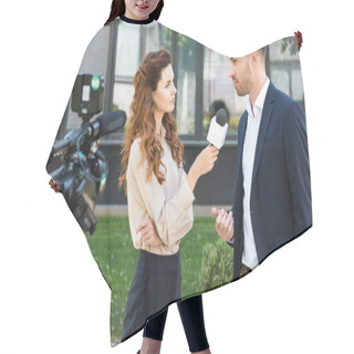 Personality  Beautiful Serious Female News Reporter Taking Interview With Businessman Hair Cutting Cape