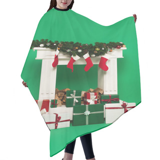 Personality  Presents Near Decorated Fireplace With Fir Branches On Green Background  Hair Cutting Cape