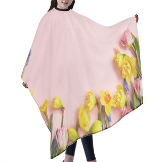 Personality  Top View Of Beautiful Pink Tulips, Blue Hyacinths And Yellow Daffodils On Pink Background Hair Cutting Cape