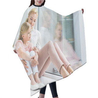 Personality  Beautiful Happy Mother And Daughter Sitting Together On Windowsill Hair Cutting Cape