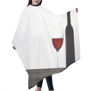 Personality  Bottle And Glass With Red Wine On Dark Wooden Table  Hair Cutting Cape