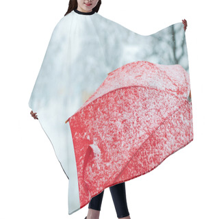 Personality  Close Up Of Red Umbrella In Snow With Frost And Snowflakes Hair Cutting Cape