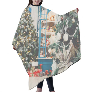 Personality  Christmas Is Coming. Decorated Fir Trees And Presents Background Hair Cutting Cape