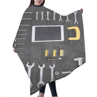 Personality  Top View Of Various Construction Tools And Digital Tablet On Black  Hair Cutting Cape