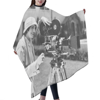 Personality  Woman Using Movie Camera Outdoors Hair Cutting Cape