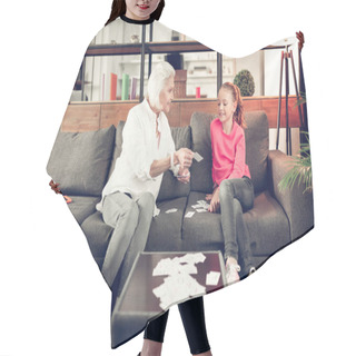 Personality  Granny And Girl Sitting On Sofa And Studying Using Flashcards Hair Cutting Cape