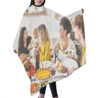Personality  Multicultural Friends Having Delicious Dinner While Gathering On Thanksgiving, Women Calming Child Hair Cutting Cape
