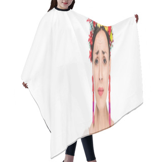 Personality  Upset Brunette Young Woman In National Ukrainian Embroidered Shirt And Floral Wreath Isolated On White, Panoramic Shot Hair Cutting Cape