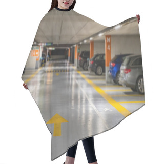 Personality  Yellow Markings With Blurred Modern Cars Parked Inside Closed Underground Parking Lot. Hair Cutting Cape