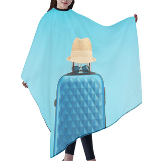 Personality  Blue Colorful Travel Bag With Sunglasses And Straw Hat Isolated On Blue Hair Cutting Cape