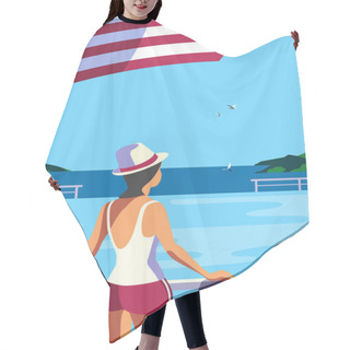 Personality  Girl Relax In Swimming Pool On Seaside Flat Vector Hair Cutting Cape