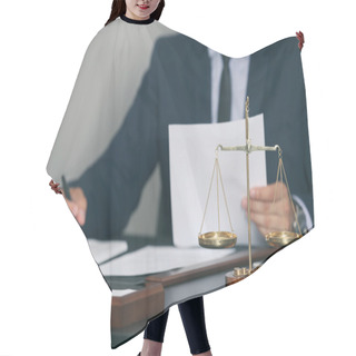 Personality  Scales Of Justice And Businessman Sitting At Table Hair Cutting Cape