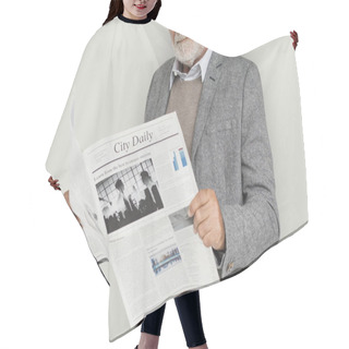 Personality  Senior Businessman With Newspaper  Hair Cutting Cape