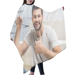Personality  Happy Man Showing Key Hair Cutting Cape