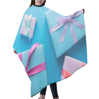 Personality  Top View Of Colorful Gift Boxes With Ribbons On Blue Background Hair Cutting Cape