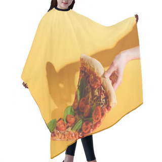 Personality  Partial View Of Woman Holding Piece Of Pizza With Cherry Tomatoes In Hand On Yellow Background Hair Cutting Cape
