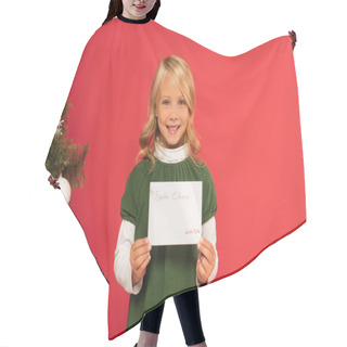 Personality  Joyful Girl Holding Letter To Santa Clause Near Decorated Christmas Tree Isolated On Red Hair Cutting Cape