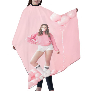 Personality  Teenage Girl Posing On Pink Background Blowing Bubble From Chewing Gum Hair Cutting Cape