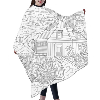 Personality  Classic Farm House With Wind Mill Beside A Bike With Hills Background Colorless Line Drawing. Old House In Farming Fields Surrounded By Grass Coloring Book Page. Hair Cutting Cape