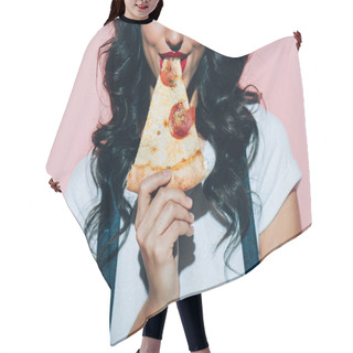 Personality  Cropped Shot Of Woman Eating Pizza On Pink Background  Hair Cutting Cape
