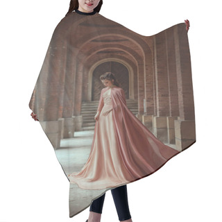 Personality  Sad Princess In A Vintage Royal Nude Powdery Color Dress And In A Cloak That Flies In The Wind. The Magical Rays Of The Sun And Hope Pour On A Woman Through The Columns. Long Dark Hair With A Tiara. Hair Cutting Cape