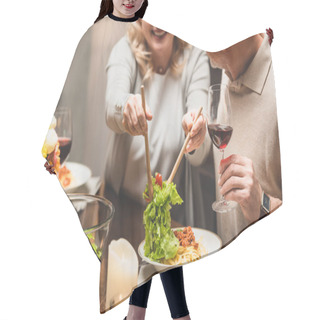 Personality  Cropped View Of Smiling Woman Putting Salad On Plate Of Friend During Dinner  Hair Cutting Cape