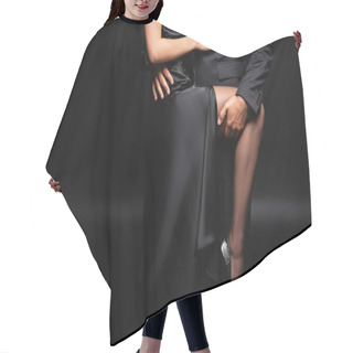 Personality  Partial View Of Man Embracing Woman In Satin Dress On Black Hair Cutting Cape