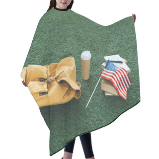 Personality  Vintage Backpack And School Supplies With Usa Flag On Green Grass Hair Cutting Cape