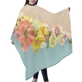 Personality  Top View Of Spring Flowers On Beige And Blue Background Hair Cutting Cape