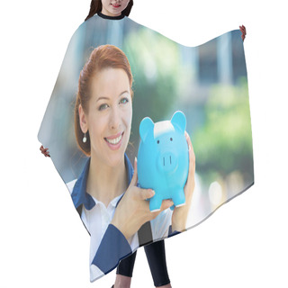 Personality  Happy Woman, Corporate Employee Holding Piggy Bank Hair Cutting Cape