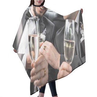 Personality  Cropped View Of Positive Same Sex Newlyweds In Classic Suits With Boutonnieres Holding Hands And Blurred Glasses Of Champagne During Road Trip In Car  Hair Cutting Cape