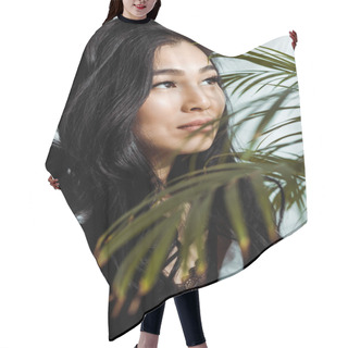 Personality  Selective Focus Of Attractive Asian Woman Near Green Plant  Hair Cutting Cape