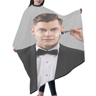 Personality  Cropped View Of Cosmetologist Applying Cream And Man In Formal Wear Isolated On Grey Hair Cutting Cape