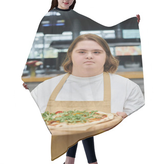 Personality  Young Woman With Down Syndrome Holding Delicious Pizza While Working In Modern Cafe, Inclusivity Hair Cutting Cape