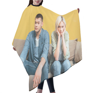 Personality  Sad Young Couple Sitting On Sofa Near Yellow Wall Hair Cutting Cape