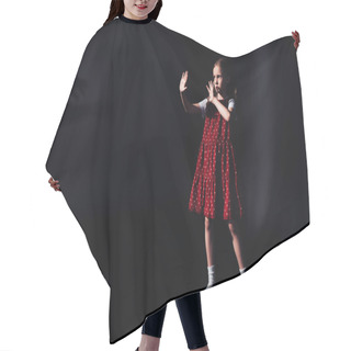 Personality  Scared Child Standing In Darkness With Outstretched Hands On Black Background Hair Cutting Cape