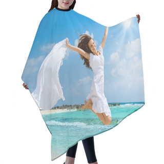 Personality  Beautiful Girl With White Scarf Jumping On The Beach Hair Cutting Cape