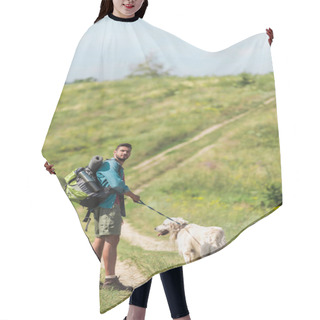 Personality  Traveler Walking With Golden Retriever Dog On Path On Summer Field Hair Cutting Cape